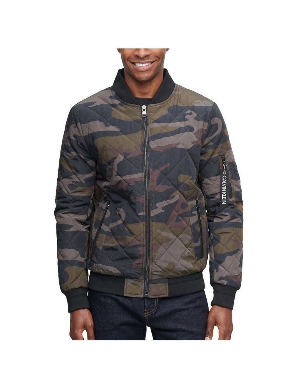 Calvin Klein Olive Camo Quilted Bomber Zip Up Jacket Size Medium NWT